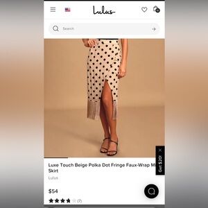 Lulus - Luxe Touch Beige polka dot faux wrap midi skirt with fringe